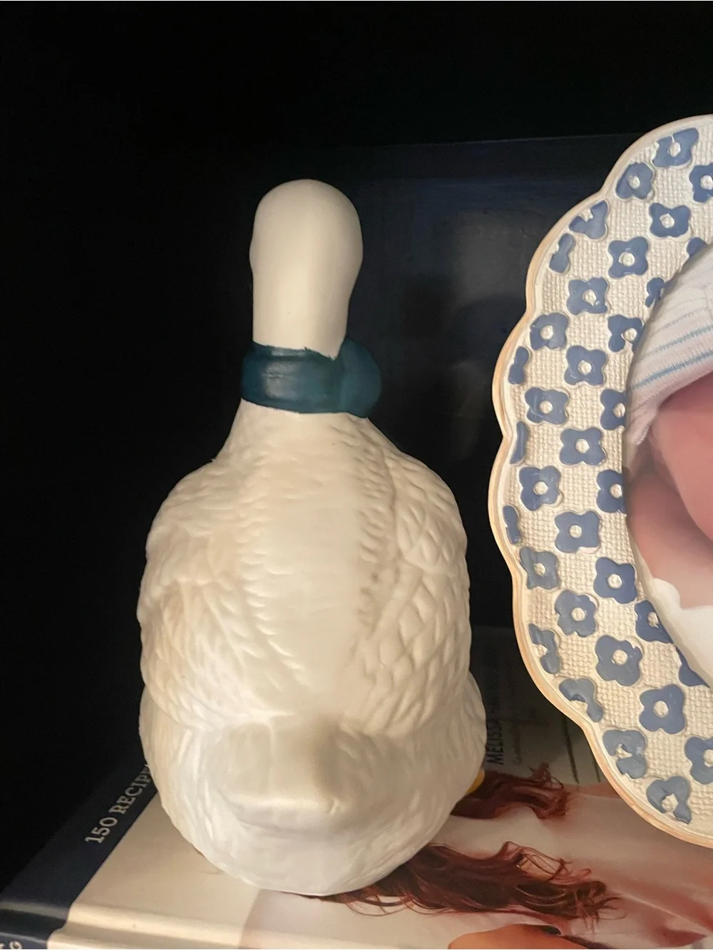 Vintage ceramic goose with blue bow 90s decor aesthetic